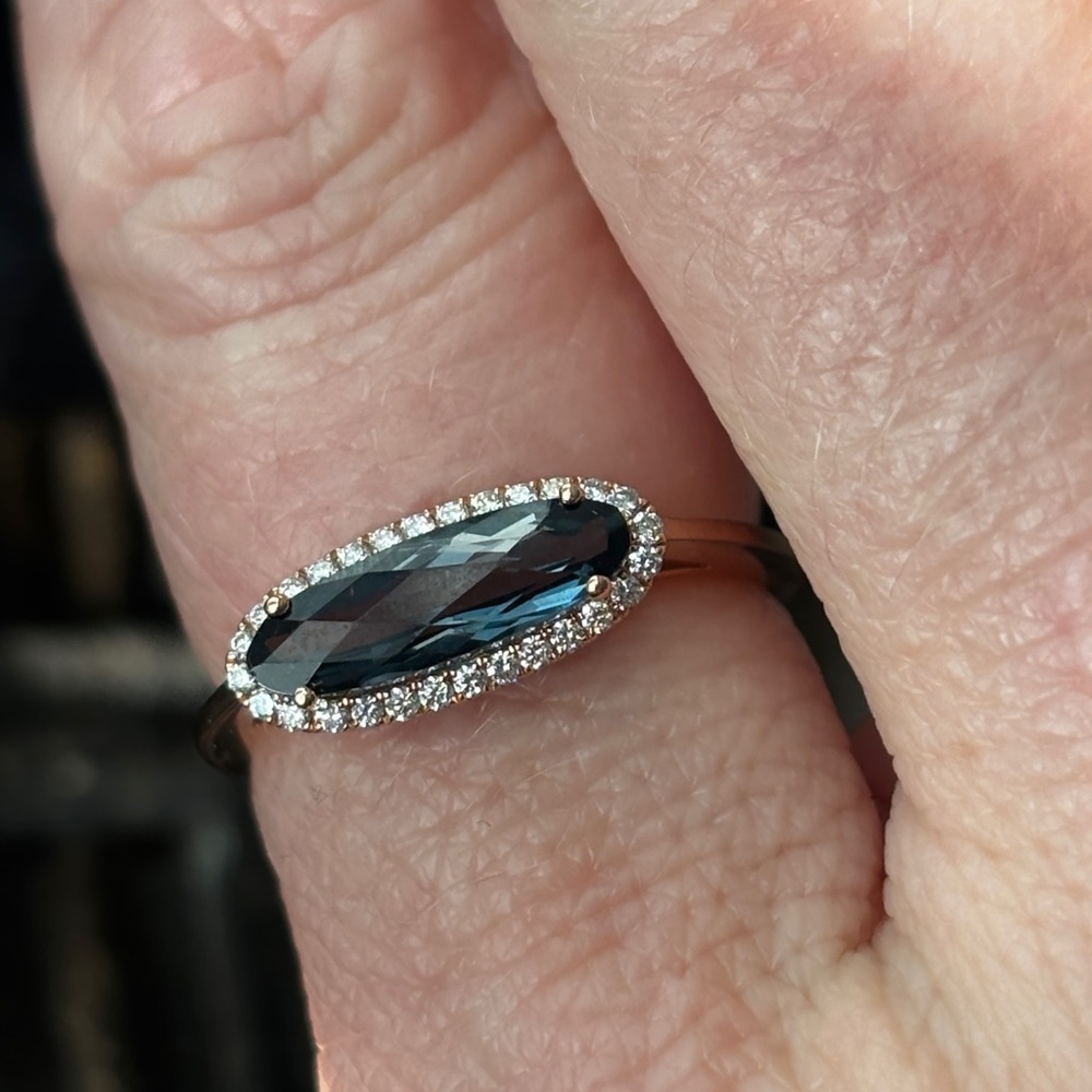 14k rose gold ring with London blue topaz and natural diamond halo. - Picture 11 of 11